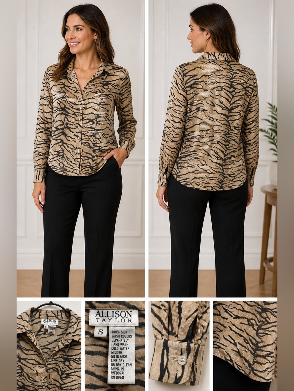 Allison Taylor 100% Silk Animal Print Blouse SMALL